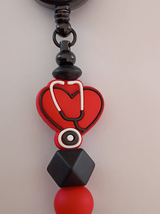Beaded badge reel: Red Heart Stethoscope