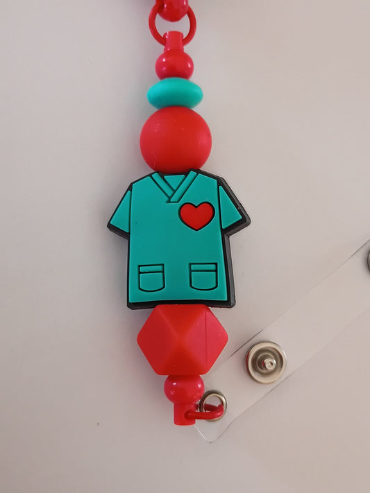 Beaded badge reel: Red and Teal Scrub Shirt