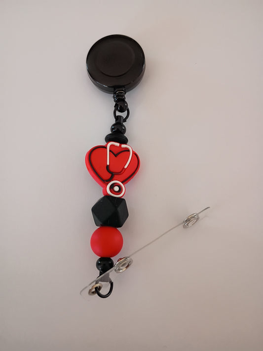 Beaded badge reel: Red Heart Stethoscope