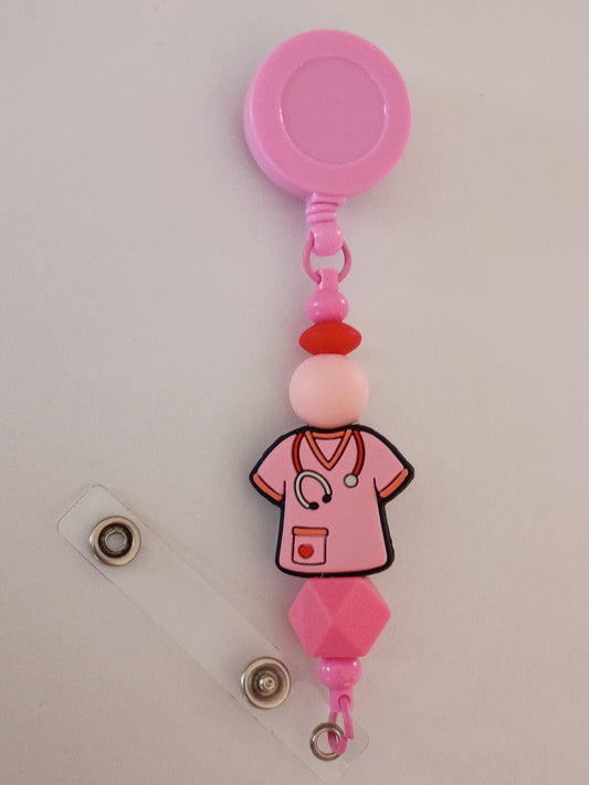 Beaded Nurse badge reel: Pink Nurse's Shirt