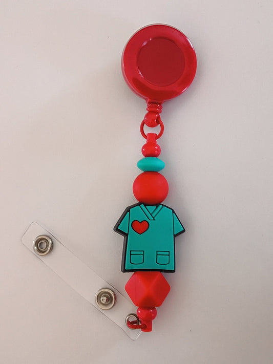 Beaded badge reel: Red and Teal Scrub Shirt